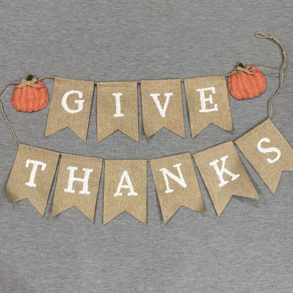 Rustic Give Thanks Burlap Banner Thanksgiving Seasonal Decor Mantel Hobby Lobby - Picture 1 of 11